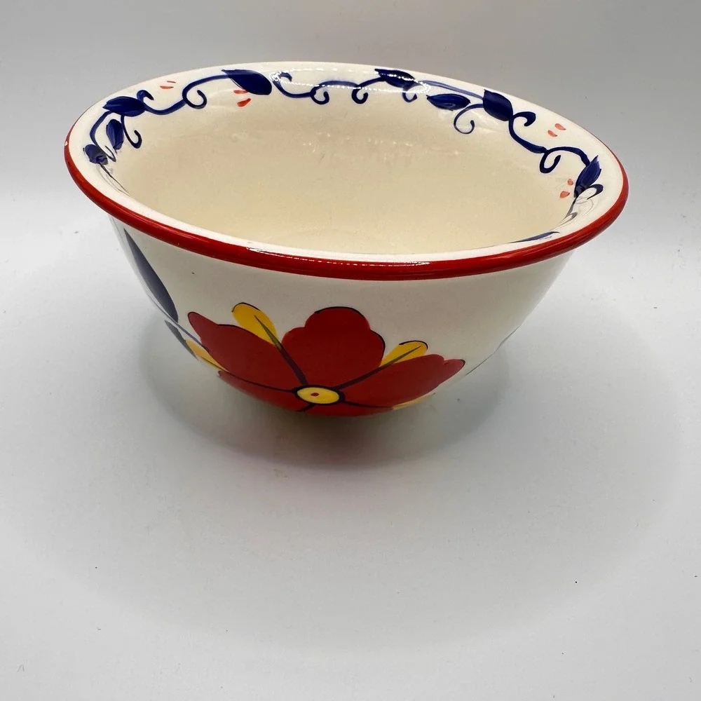 Pier 1 Alegre Hand Painted Earthenware Floral Cereal Bowl Red Blue Yellow‎ 5.5in
